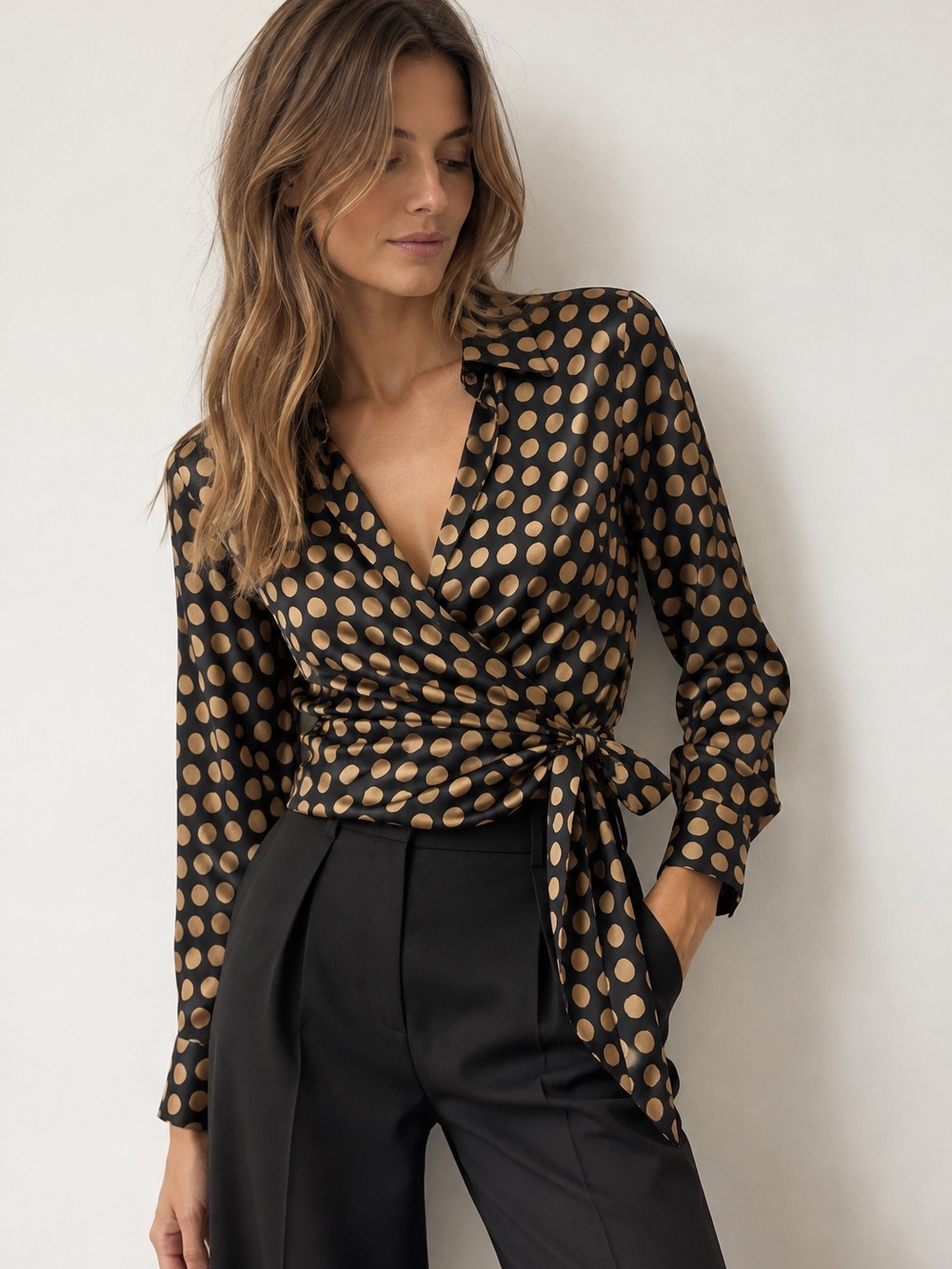 Sandra Angelozzi Polka Dot Wrap Silk Blouse